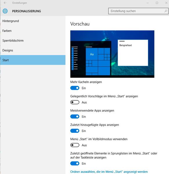 Viele wichtige Einstellungen zum Startmenü sind auch in den Einstellungen zu finden, die Administratoren im Startmenü aufrufen, oder mit der Tastenkombination Windows+i. Im Bereich 