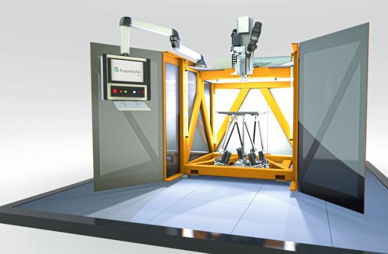 Forscher des Fraunhofer IWU haben einen ultra-schnellen 3D-Drucker für großvolumige, belastbare Kunststoffbauteile entwickelt, der eine um den Faktor acht gesteigerte Prozessgeschwindigkeit gegenüber herkömmlichen Systemen erreicht. (Fraunhofer IWU)