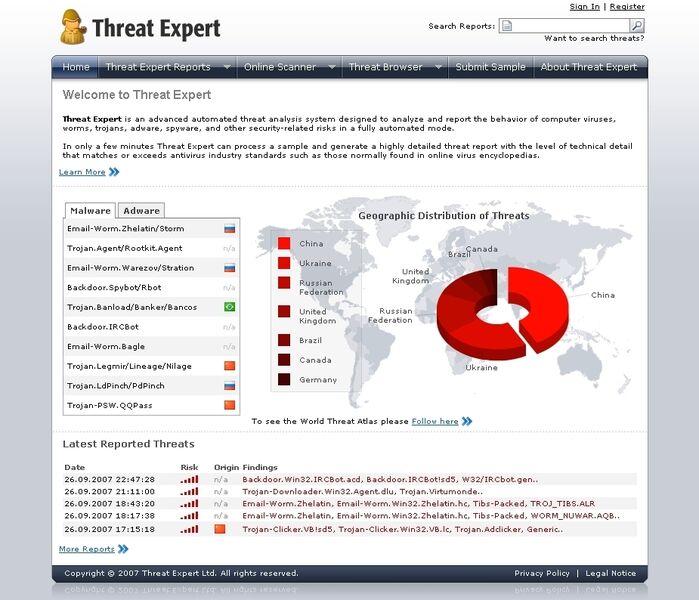 Die Homepage der Antivirus-Spezialisten von Threat Expert. (Archiv: Vogel Business Media)