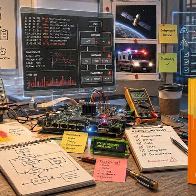 Dieter Duschls Buch „Software-Fehler erkennen und vermeiden“ zeigt mit historischen Werkzeugen, bekannten Katastrophen und Industrieerfahrungen, wie Softwarefehler entstehen – und warum Technik allein sie selten verhindert. (Bild: Coverbild „Software-Fehler erkennen und vermeiden“ von Springer Vieweg / KI-generiert)