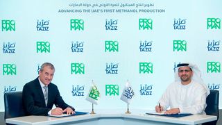 Ta’ziz and Proman have signed a shareholders’ agreement to develop the UAE’s first world-scale methanol production facility in Abu Dhabi, UAE.  (Source: Adnoc )