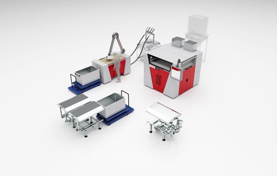 (Prozesslayout der Kalt-IOB-Technologie: Nach dem Drucken müssen die Bauteile in der Jobbox lediglich in einer Trocknungsstation mit trockener Luft ausgehärtet werden. Nach dem Entpacken sind sie für den Abguss bereit. Loser, nicht verdruckter Sand kann recycelt werden. Bild: Voxeljet)