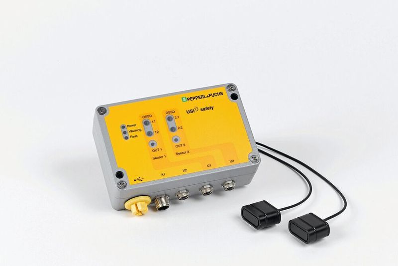 Das neue Ultraschallsensorsystem USi-Safety von Pepperl + Fuchs sichert Gefahrenbereichen an mobilen Arbeitsmaschinen oder an Maschinen und Anlagen ab.  (Pepperl + Fuchs SE)
