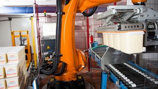 Der von Trapo installierte Hochleistungs-Roboter-Lagen-Palettierer hilft die abgefüllten Behälter sicher, präzise und schnell zu palettieren.  (Bild: Trapo AG)