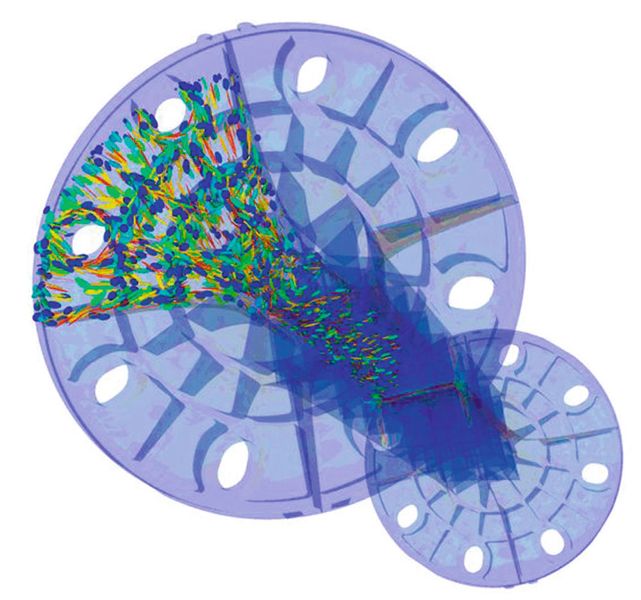 Bestimmung der Auswirkungen der Faserorientierung im Verlauf des Fließens sowie nach der Erstarrung: Die Tensoren der Faserorientierung im Verlauf der Formfüllung werden durch Ellipsoide dargestellt. (Bild: Solvay)