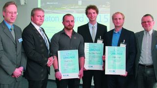 Die Gewinner des Eaton Awards v.l.: Prof. Dr. Rainer Scheuring, Enzo Strappazzon (Eaton),  Daniel Wirtz,  Marc-Robert Mierisch, Steffen Jünger, Prof. Dr. Hartmut Bärwolff (Bild: Manfred Stern/FH Köln)