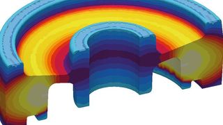 Lokale Erstarrungszeiten in einem Stahlgussteil ohne Gießtechnik. Das thermische Zentrum liegt im äußeren Bereich des Gussteils. (Magmasoft  )