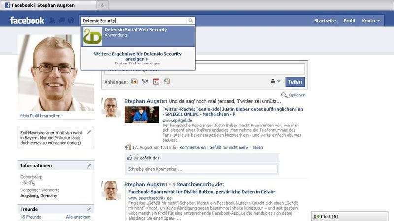 Die Anwendung Defensio Social Web Security lässt sich einfach über die Facebook-Suche finden. (Archiv: Vogel Business Media)