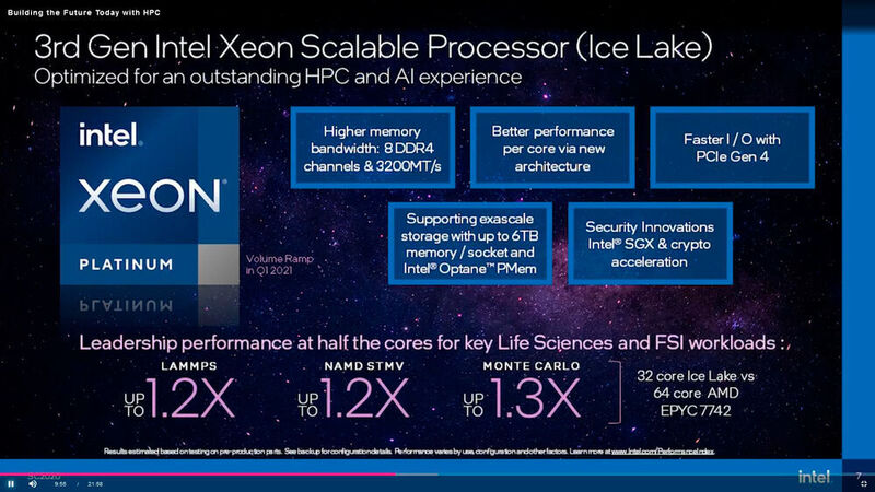 Abbildung 3. Abb. 3. Die Merkmale und Vorteile des neuen Xeon-Platinum-Prozessors „Ice lake“. Ganz unten sind mehrere Leistungssteigerungen zu sehen. Rechts unten taucht der besiegte Rivale „AMD Epyc“ auf.  (Intel)