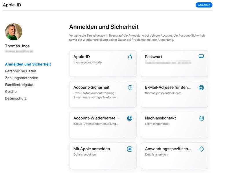 Verwalten der Apple-ID im Webbrowser. (Joos)