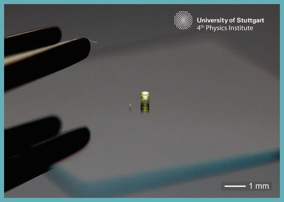 Multi-Linsensystem mit einem Durchmesser von 600 Mikrometern neben einer Doppellinse mit 120 Mikrometern Durchmesser. (Universität Stuttgart)