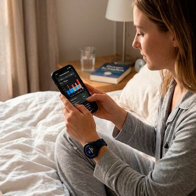 Für viele Menschen ist der Griff zum Smartphone mittlerweile zum integralen Bestandteil der Morgenroutine geworden. Wie habe ich geschlafen? Wie ist es um die Sauerstoffsättigung des Bluts bestellt? Brüte ich etwa einen Infekt aus? Wearables können den Alltag erleichtern – oder ihn auch vereinnahmen. (Bild: Gemini / KI-generiert)