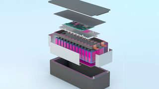 Wärmeleitfähiger Klebstoff (zur Illustration magenta eingefärbt) für Niedervolt-Batteriesysteme wie in Mildhybrid-Fahrzeugen. (Delo)