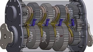 Das Vielgang-Getriebe besteht aus mehreren Haupt- bzw. Primärwellen mit je einem Zahnrad, die auf ihrer Antriebsseite mittels einer Kupplung in der Art eines Synchronrings entweder an ein Antriebsaggregat oder an eine andere, vorgelagerte Welle angekuppelt werden kann.  (Alfa Maschinen)