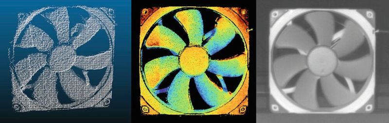3D-Punktwolke (l.), Tiefenbild (m.) und Intensitätsbild (r.) eines drehenden 140mm Lüfterrads, aufgenommen mit IDS iToF-Kamera aus 40cm Abstand und 400rpm. (Bild: IDS)