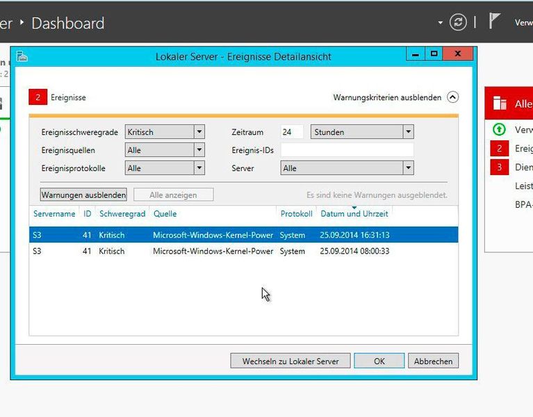 Der Server-Manager in Windows Server 2012 R2, zeigt Fehler von Serverdiensten an, nach denen Administratoren im Internet suchen können, um die Probleme zu beheben. (Bild: Joos)