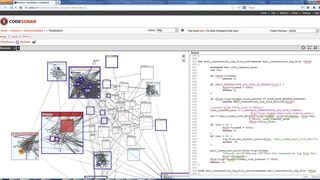 Bild 3: Die Baumdarstellung des Programms zeigt die Module als Hierarchie gemäß der physischen Anordnung des Codes in Dateien und Ordnern. Während die Module mit den meisten Taint-Quellen rot markiert sind, kennzeichnet die blaue Umrandung Module mit Taint-Senken. (Bild: Grammatech)
