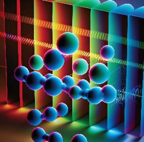 Illustration of an optical frequency comb probing gas molecules. Illustration of an optical frequency comb probing gas molecules.