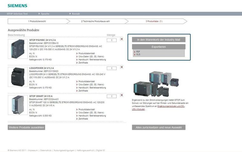 Bild 4: Ergebnis ist eine Produktliste, die wahlweise als PDF- oder XLS-Datei exportiert oder direkt in den Warenkorb der Siemens Industry Mall (für registrierte Anwender) übergeben werden kann. (Archiv: Vogel Business Media)