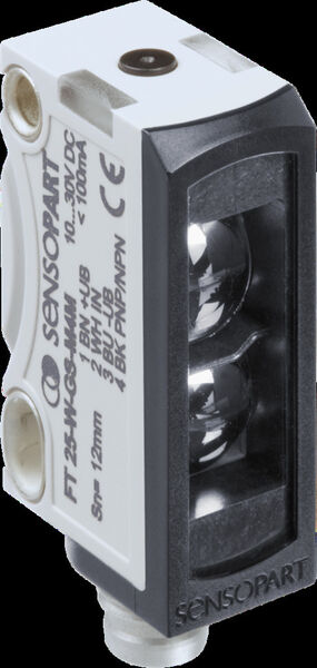 Platz sparende Miniaturbauform (34 x 20 x 12 mm3)?	Sichere Detektion selbst kleinster Druckmarken?	Hohe Schaltfrequenz (bis 25 kHz) für den Einsatz in schnellen Prozessen?	Komfortabes Teach-in für häufiges Umrüsten?	Rückmelden der Prozessqualität über „sprechenden“ Lichtfleck?	Vielseitiges Montagezubehör: Montageadapter, Stangenhalterung, Schwalbenschwanzbefestigung (Bild: Sensopart)