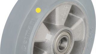 Innovation für sensible Einsatzbereiche: antistatische Räder mit Elastik-Vollgummireifen in spurlos grauer Ausführung. (Blickle Räder+Rollen)