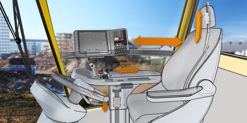 Beispiel für den Einsatz von gebogenen Profilschienen im Führerhaus einer landwirtschaftlichen Maschine: schmierfreie Mobilität in alle Richtungen, auf engstem Raum. (Bild: Igus)