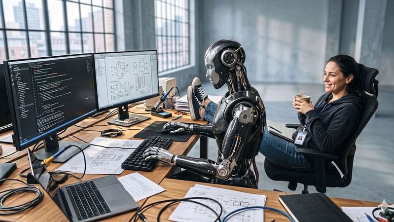 KI verändert den Ingenieursberuf massiv, wenn auch nicht unbedingt so wie hier dargestellt.(Bild:  Nano Banana / KI-generiert)