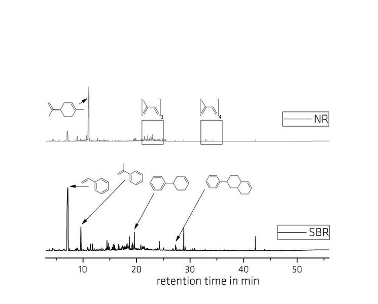 Abb.3: Chromatogramm der Analyse von Elastomeren bestehend aus reinem Naturkautschuk (NR) und einem synthetischem Styrol-Butadien-Kautschuk (SBR). (Bundesanstalt für Materialforschung und -prüfung)