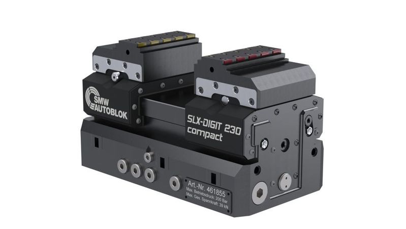 Der hydraulische Langhubspanner SLX digit 230 compact überzeugt mit stufenlosem Hub und automatisiertem Backenwechsel bei geringem Platzbedarf. (Bild:  SMW-Autoblok)