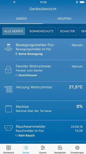 In der Geräteübersicht lassen sich nun über einen Reiter alle Geräte anzeigen. (Rademacher)