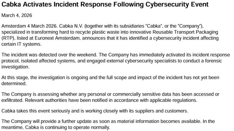 Von dem Cyberangriff Anfang März auf das niederländische Unternehmen Cabka ist auch die deutsche Tochtergesellschaft Cabka Group GmbH betroffen. (Bild: Vogel IT-Medien GmbH)