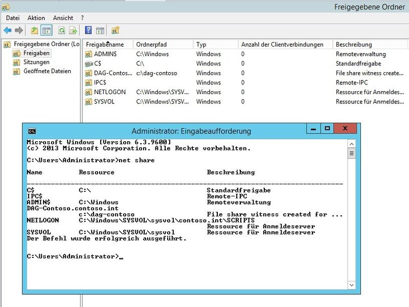 Abbildung 6: In der Eingabeaufforderung oder der GUI lassen sich in Windows effizient Freigaben und verbundene Benutzer anzeigen. (Bild: Joos)