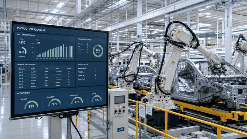 Mithilfe selbstlernender Algorithmen lassen sich komplexe Produktionsabläufe und die Sequenzierung in der Automobilfertigung optimal und effizient steuern. (Symbolbild)(Bild:  VCG / KI-generiert)