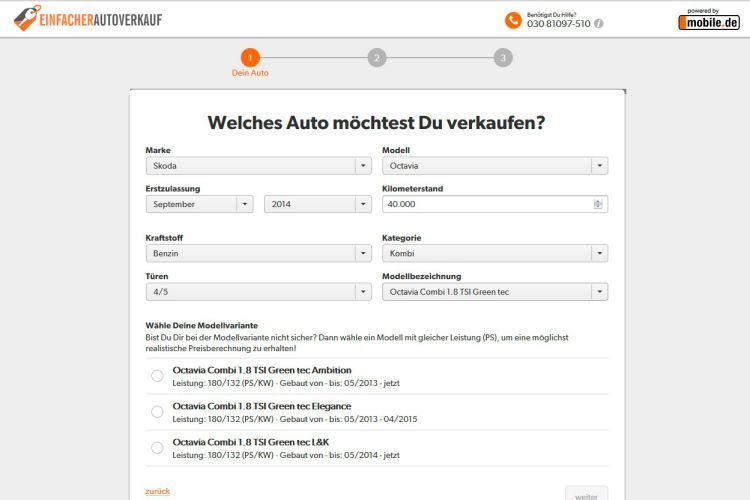 Eine Erstbewertung der Fahrzeuge können Verbraucher über ein Onlineformular vornehmen. Die konkrete Bewertung erfolgt dann aber offenbar auf dem Hof des Händlers. (Mobile.de/Screenshot)