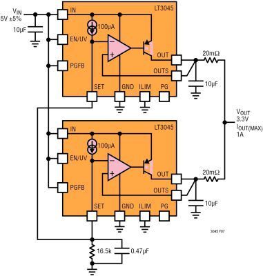 Bild 4: Beim Parallelbetrieb des LT3045 kann zur Wärmeverteilung ein Eingangswiderstand oder ein parallel zum LT3045 geschalteter Widerstand eingesetzt werden. (Linear Technology)