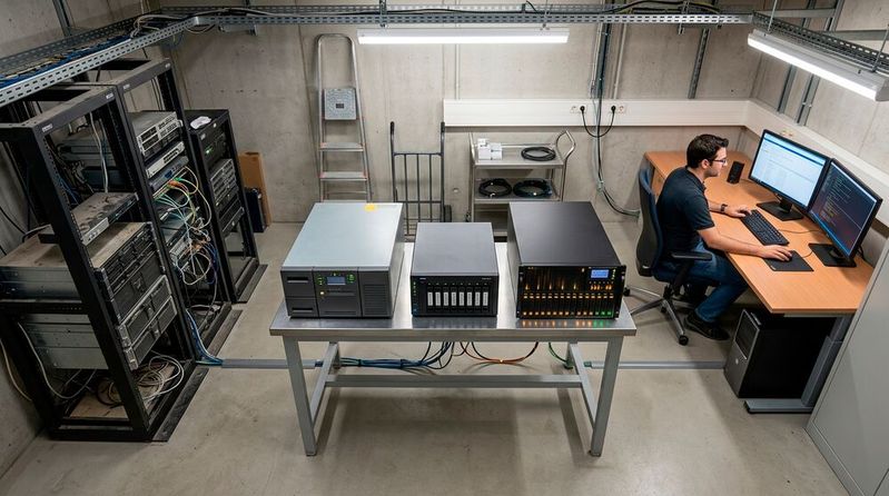 Bei Hybrid-Storage-Systemen werden unterschiedliche Technologien wie HDD-Speicher, SSD-Systeme und auch Tape-Librarys kombiniert.(Bild:  Gemini / KI-generiert)