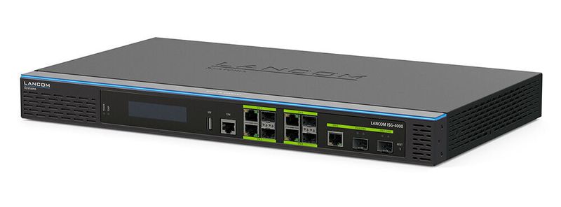 Das Lancom ISG-4000 ist das zentrale Gateway für die Netzwerkinfrastruktur. Sicherheit für große Enterprise-Szenarien, modernste Verschlüsselungstechnologien durch die 200 integrierten VPN-Kanäle und die bedarfsorientierten Ports (2x 10 Gigabit SFP+, 4x Combo ETH/SFP, 1x Ethernet und 1x USB) liefern die besten Bedingungen, mobile Mitarbeiter zu vernetzen, unternehmensinterne Daten zu schützen und sensible Teilbereiche oder Filialen sicher anzubinden. Optional kann das Gateway auf bis zu 1.000 VPN-Kanäle aufgerüstet werden: Das Netzwerk ist so optimal skalierbar und die Infrastruktur wächst bei Bedarf mit, ohne zusätzliche Hardwarekomponenten. (Lancom Systems)
