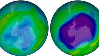 Das Ozonloch über der Antarktis am 24.09.2006 (r) und am 09.06.2013. Die blauen und violetten Farben zeigen an, dass die Ozonschicht dünn ist, die gelben, grünen und roten weisen auf mehr Ozon hin. Um das Jahr 2070 soll sich das Ozonloch über der Antarktis wieder schließen: “Wir hatten ganz großes Glück” (Foto: dpa Bildfunk)