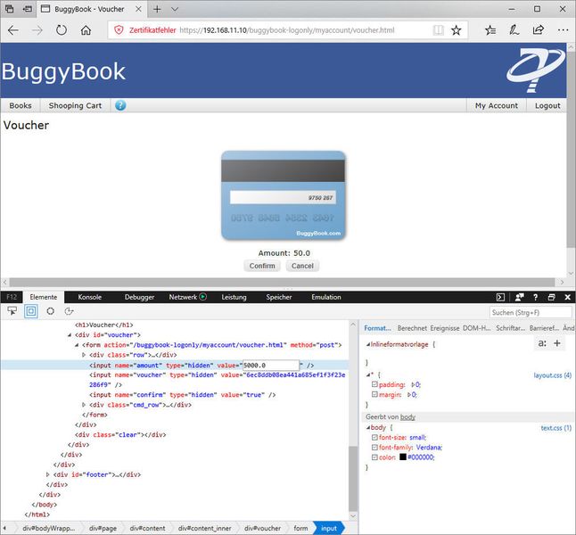 Um die Form Protection-Funktion zu testen, änderten wir über die Entwickler-Tools unseres Browsers den auf unserem Konto gutzuschreibenden Wert von „50“ auf „5000“. (Götz Güttich)
