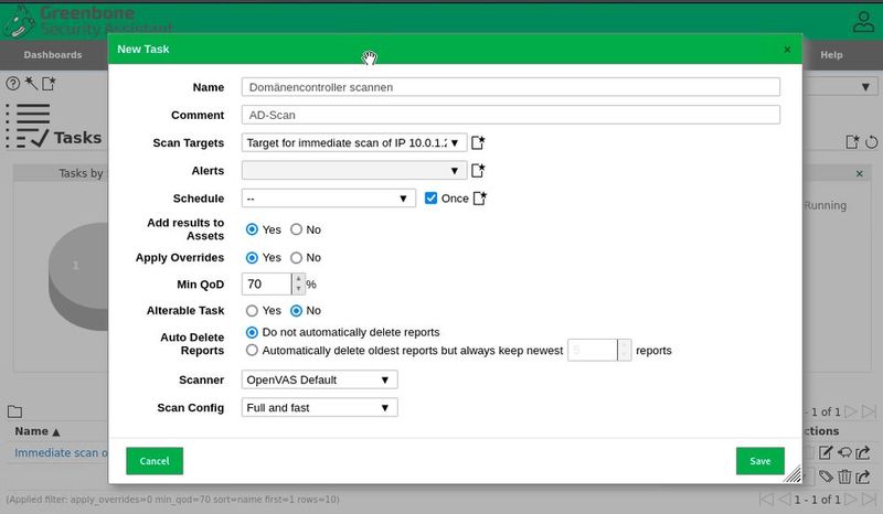 OpenVAS definiert einen Scan-Task mit Zielsystemen, Scan-Profil und Qualitätsparametern. (Bild: Joos)