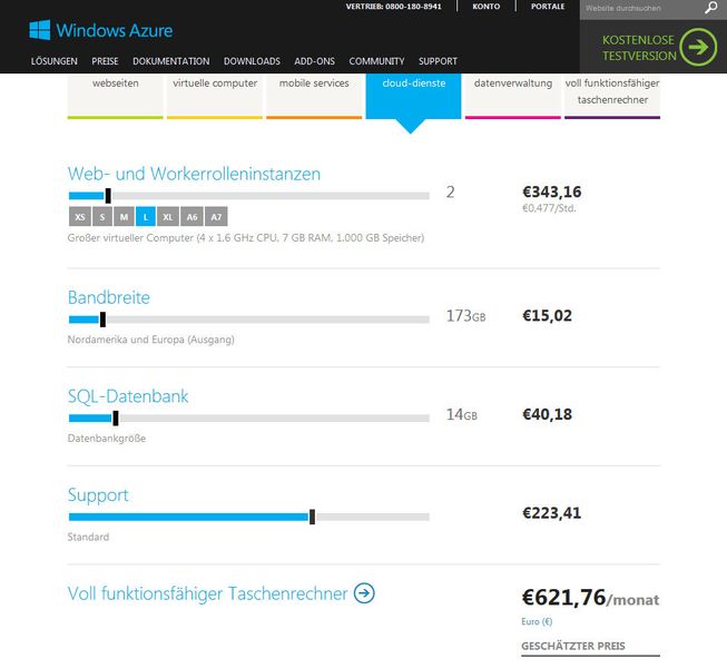 Der Windows Azure Rechner liefert Schätzwerte für die vom Nutzer gewünschten Cloud-Dienste. Individuelle Kostenbetrachtungen kann und soll solch ein Kostenrechner nicht ersetzen. (Bild: Microsoft)