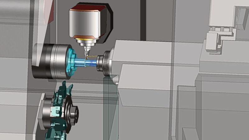 Komplexität bewältigen: Die realistische 3D-Simulation aller Komponenten und Bewegungen im CAD/CAM-System vereinfacht erheblich die NC-Programmierung speziell bei mehrachsigen, simultan bearbeitenden CNC-Maschinen, zum Beispiel Dreh-Fräszentren mit mehreren Haupt- und Gegenspindeln.  (Bild: Tebis)