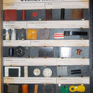 Beispiele für Kunststofftypen aus Deutschland. Diese Tafel mit Bauteilbeispielen war wohl für schulische Zwecke gedacht. Die Polymere heißen Vulkanfiber, Trolit, Plexigum, Trolon-Edelkunstharz, Trolitan, Trolitax, Hartholz-Lignosol, Pollopas, Trolitul, Mipolam und Galalith. (Bild: KMV)