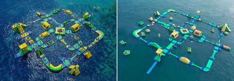 Auf Platz 2 landete 2018 der aufblasbare Wasserpark „Wibit Sports Park XL“ der Wibit Sports GmbH aus Bocholt. Das Plagiat (rechts) stammt von Sunny Kingdom aus China.  (Plagiarius Aktion)