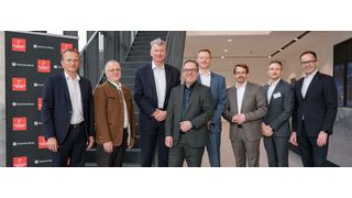 Presseroundtable zur Hannover Messe: Andreas Evertz (Flender), Michael Knobloch (Hawe Hydraulik), Ansgar Kriwet (Festo), Hartmut Rauen, (VDMA), Mark Krieg (Bosch Rexroth), Jörg Hermes (SEW-Eurodrive), Michael Pausch (Schaeffler Technologies) und Jochen Köckler (Deutschen Messe) (v.l.)  (Bild: Rainer Jensen/Deutsche Messe)