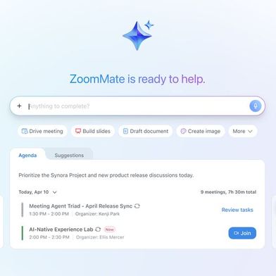 Zoom hat ZoomMate veröffentlicht, einen KI-Agenten für Zoom Workplace. Das System bündelt Suche, Workflow-Ausführung, eigene Agenten und Content-Erstellung in einer Oberfläche.  (Bild: Zoom)