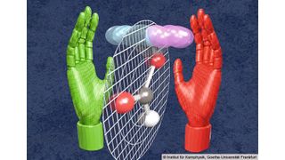 Die quantenmechanische Nullpunktschwingung, das „Zittern“ der Atome, macht die Ameisensäure zu einem chiralen (händischem) Molekül, dessen beide Formen sich wie die rechte und linke Hand nicht in Deckung bringen lassen. (Bild: Institut für Kernphysik, Goethe-Universität Frankfurt)