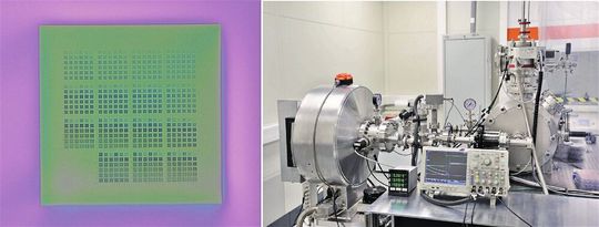 Bild 4: Transmissionsmaske für Auflösungstests (links). EUV-Nanostrukturierungsanlage am ILT (rechts).(Bild:  Fraunhoer ILT)
