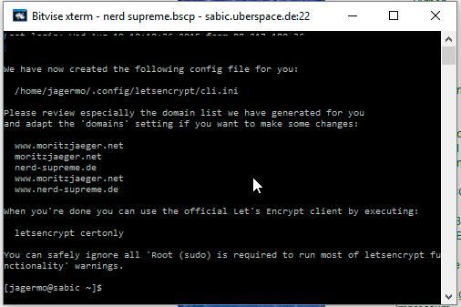 Uberspace hat den Let‘s Encrypt Client so angepasst, dass er keine Root-Rechte benötigt. Enorm praktisch ist das auf Shared-Hosting-Umgebungen. Im ersten Schritt wird die für das Zertifikat notwendige Konfiguration erstellt.  (Moritz Jäger)