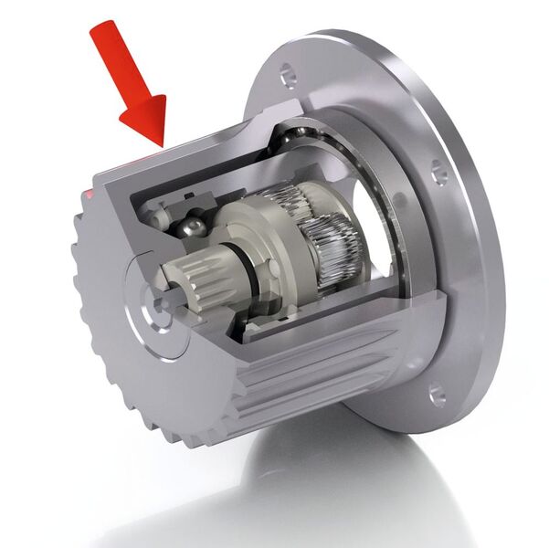 Bild 3: Nabengetriebe von Framo Morat bewähren sich als Radantrieb durch die vorteilhafte Anordnung von Lagern sowie An- und Abtriebswellen (Pfeil zeigt die Krafteinleitung). (Bild: Framo Morat)